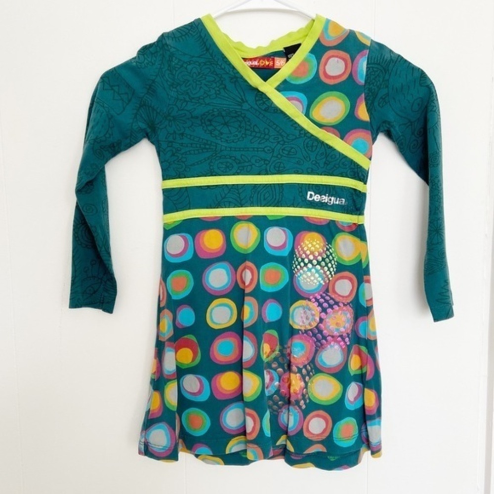Desigual girls dress‎ faux wrap teal green metallic mod circles 5/6